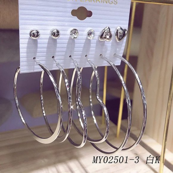 6 Pairs C Shape Heart Shape Geometric Big Circle Hoop Earrings Set - Picture 1 of 3